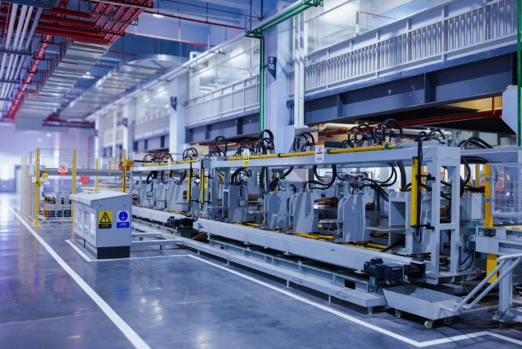 A high-tech manufacturing facility assembly line